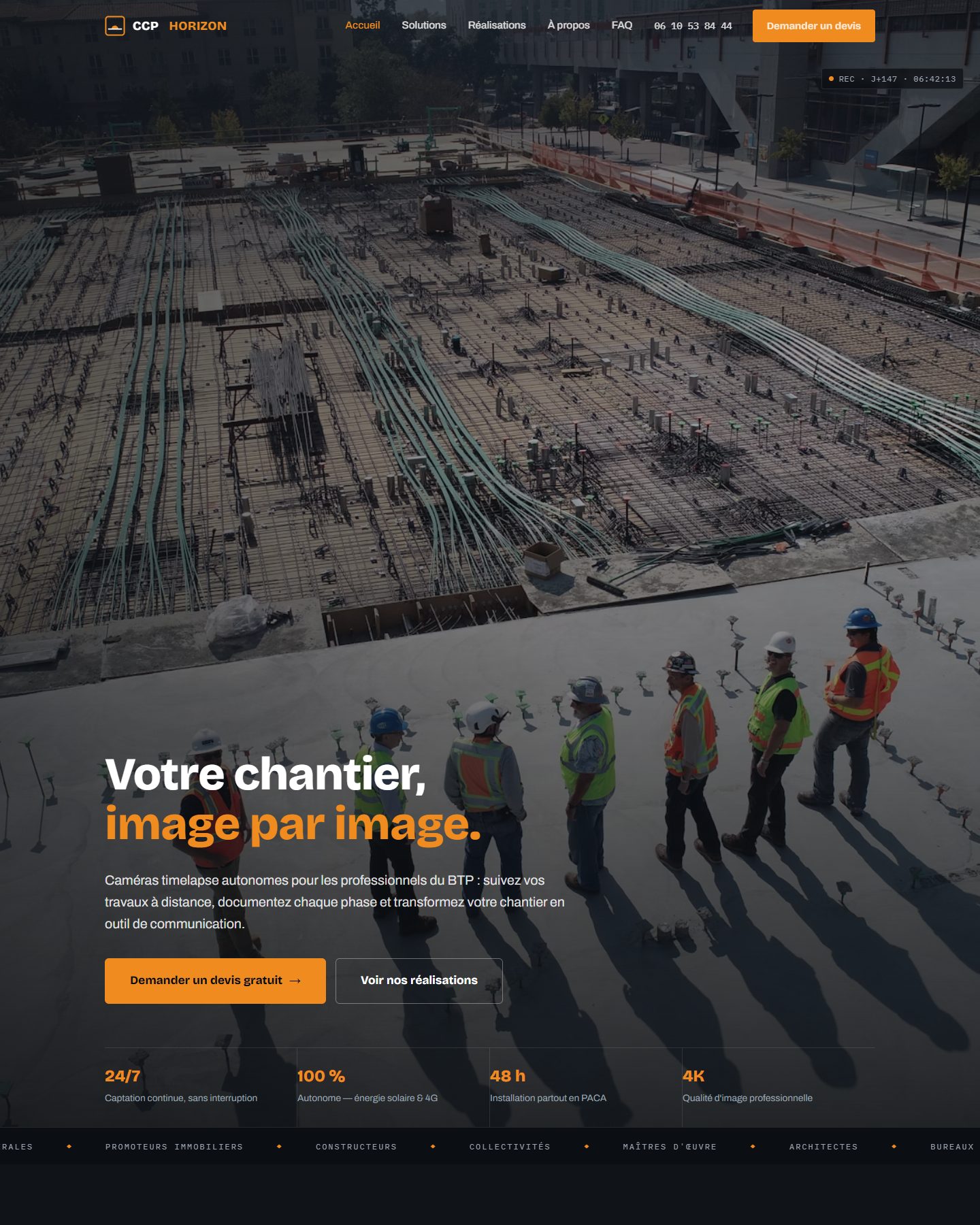 Page d'accueil du site CCP Horizon, caméras timelapse pour chantiers BTP