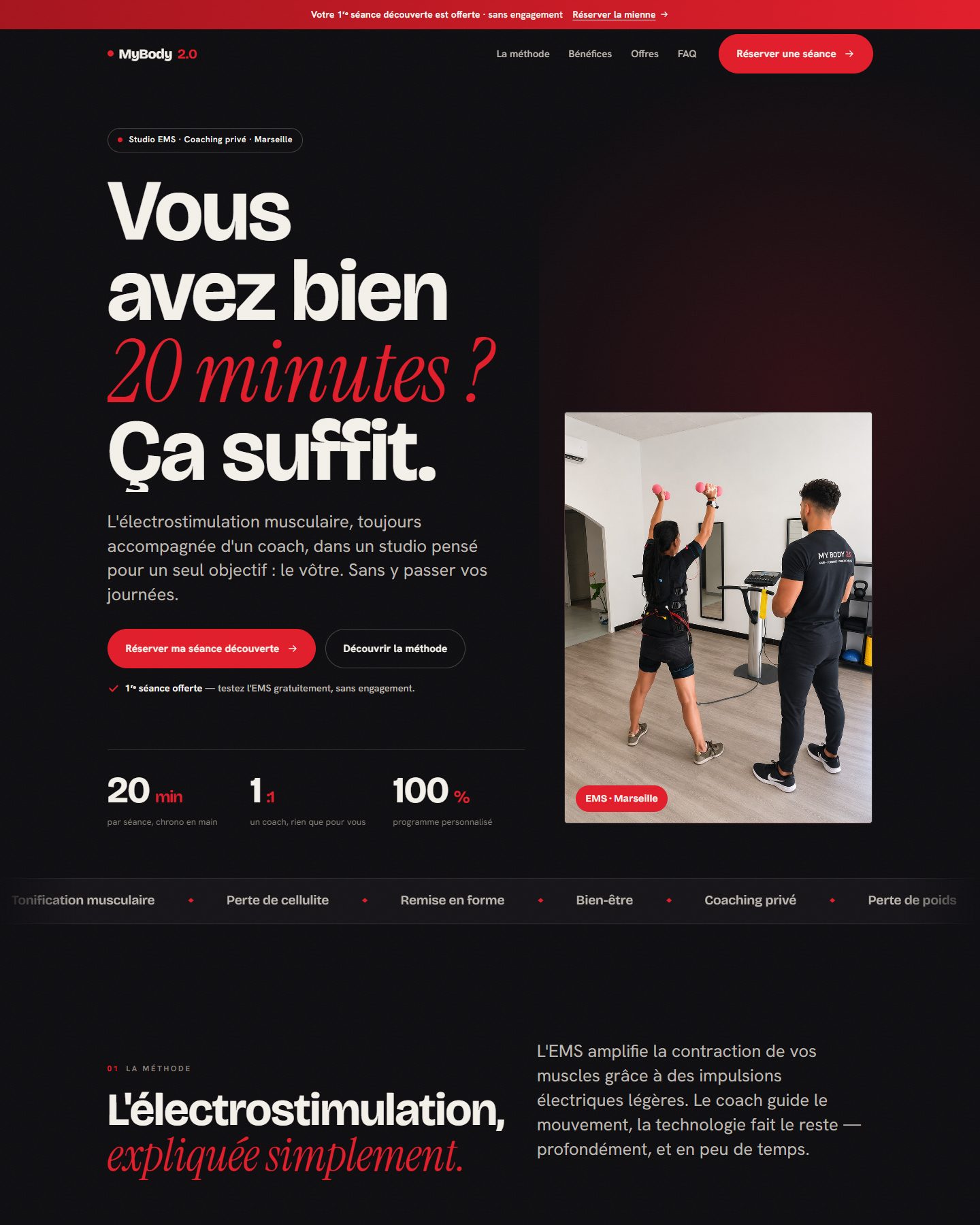 Page d'accueil du site MyBody 2.0, studio d'électrostimulation à Marseille