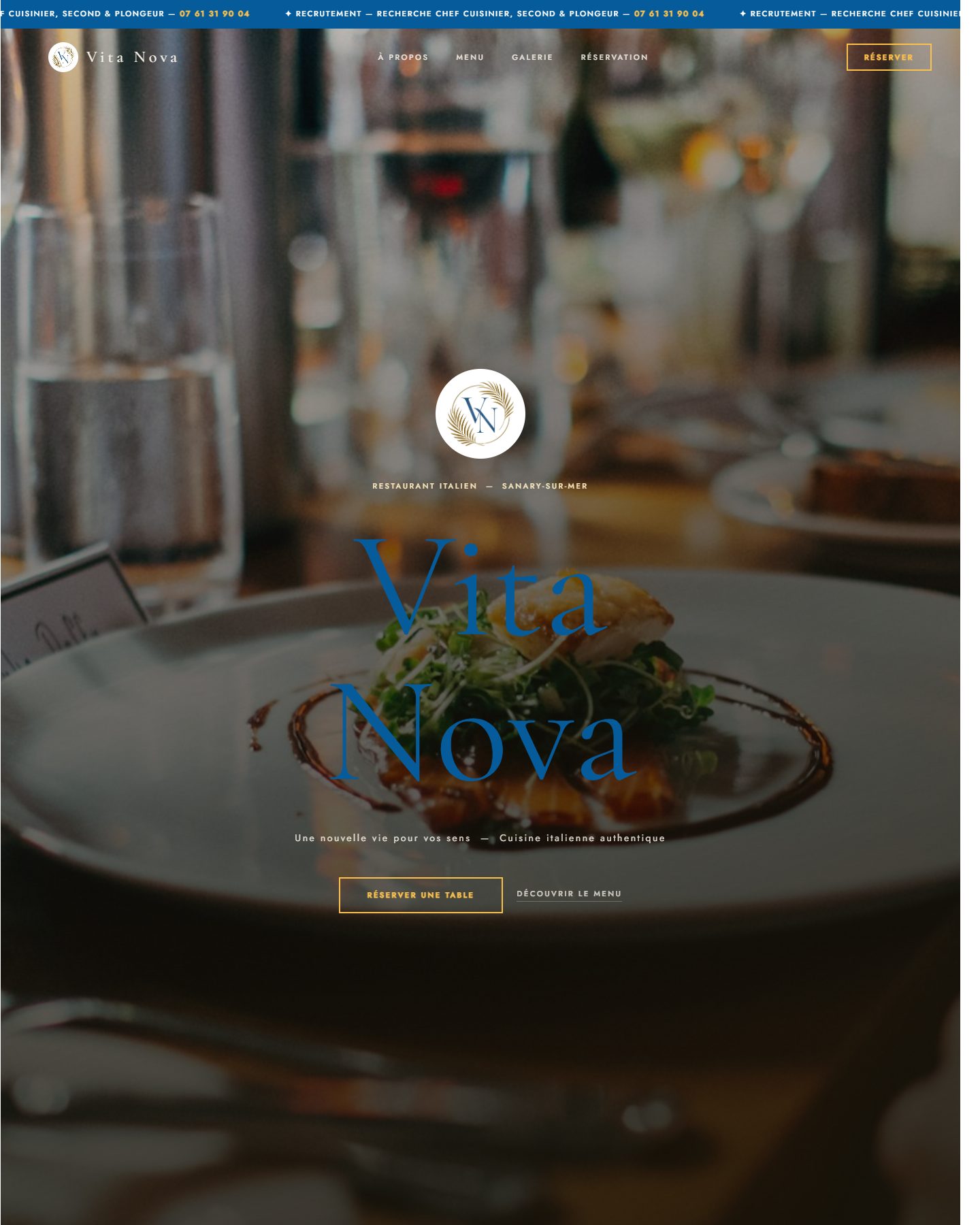Page d'accueil du site Vita Nova, restaurant italien à Sanary-sur-Mer